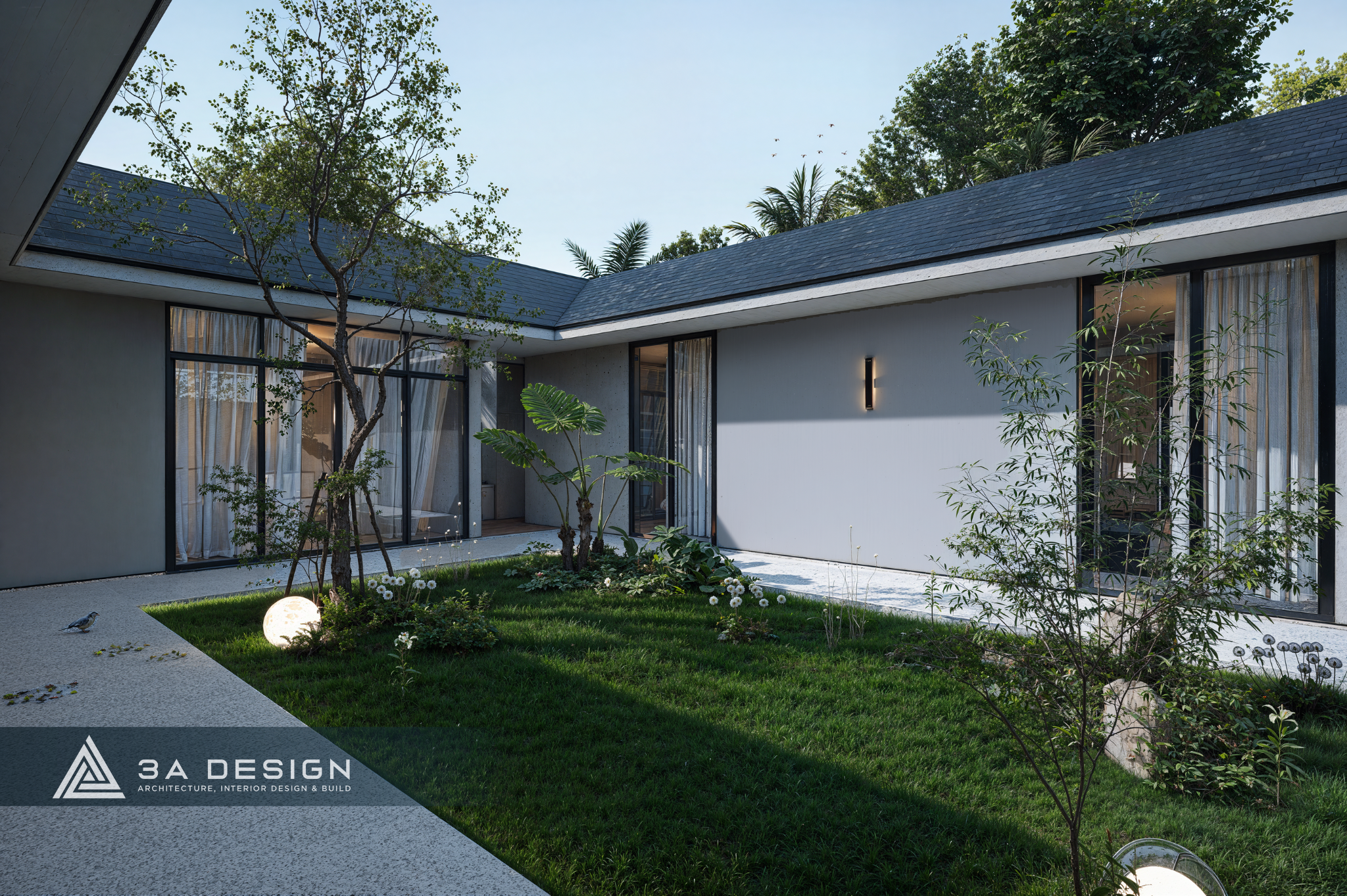 Sân vườn nhà phố thiết kế tối giản, xanh mát, phù hợp không gian bán lộ thiên do 3A Design thực hiện.