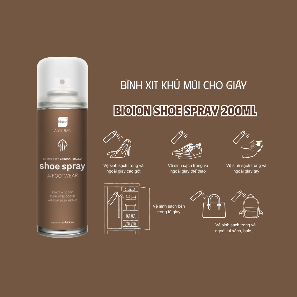 Bình xịt khử mùi và diệt khuẩn giày Bioion Shoe Spray 200ml chiết xuất thực vật cùng các hình ảnh minh họa hướng dẫn sử dụng.