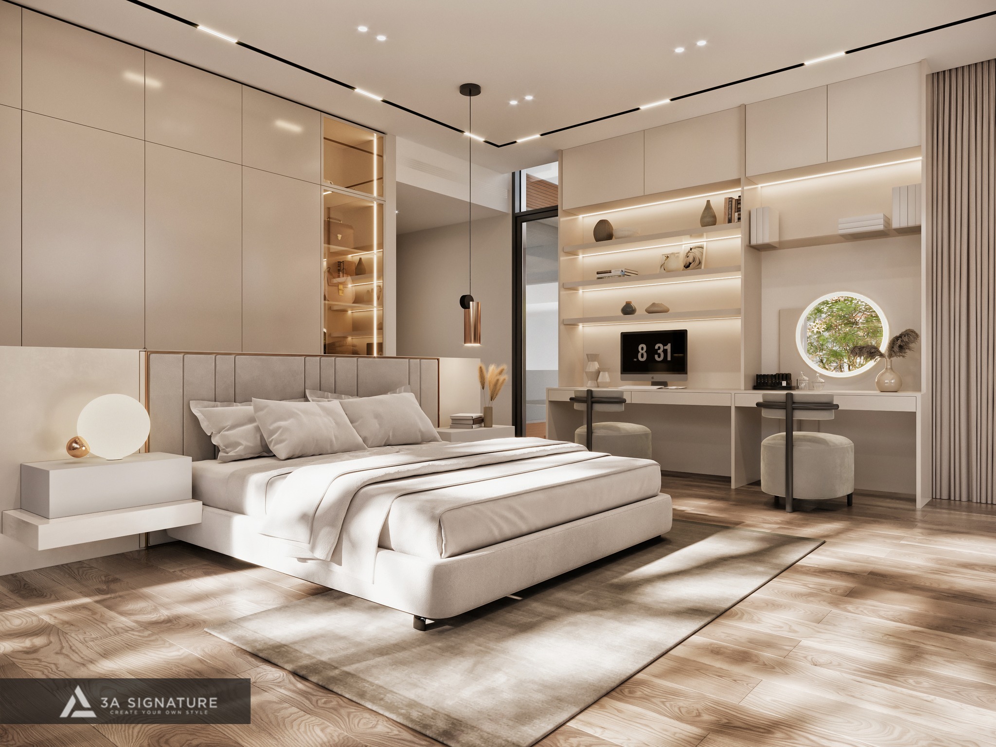 Phòng ngủ biệt thự phong cách tối giản với giường thấp, sofa trắng, ánh sáng tự nhiên và tường gỗ – thiết kế bởi công ty nội thất 3A Signature.