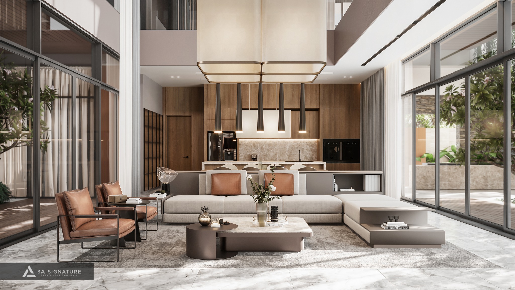 Phòng khách biệt thự cao cấp do 3A Signature thiết kế nội thất hiện đại, ghế da, bàn đá và tủ bếp gỗ – thể hiện gu thẩm mỹ sang trọng và tiện nghi.