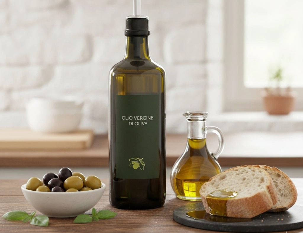 Chai dầu Olive, một loại dầu ăn ép lạnh cao cấp.