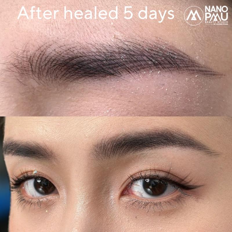 Cận cảnh chân mày sau khi điêu khắc 5 ngày tại Nano PMU, thể hiện độ tự nhiên và lên màu đều.