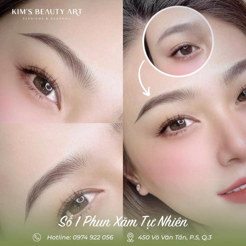 Trước và sau khi phun xăm chân mày tại Kim’s Beauty Art, thể hiện sự khác biệt rõ rệt với đường mày mềm mại và thanh thoát.