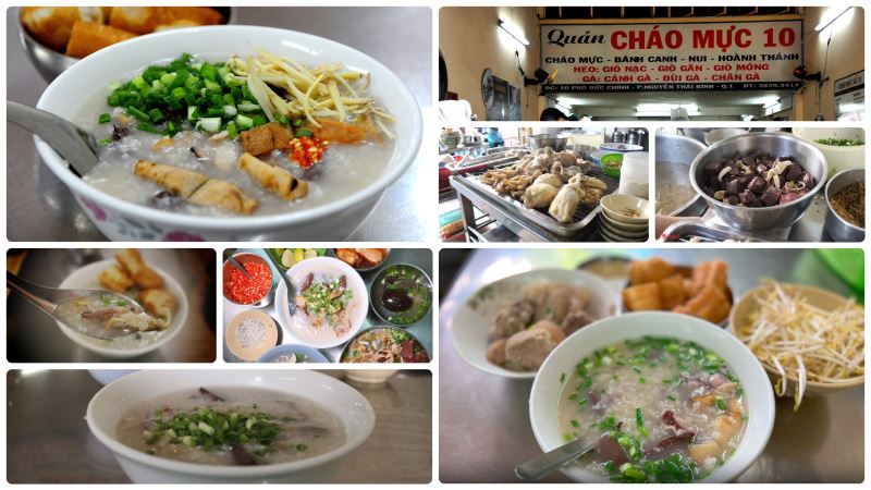 Tô cháo mực gia truyền với mực tươi, hành lá, gừng sợi và tiêu đen – Quán Cô Năm tại TP.HCM.