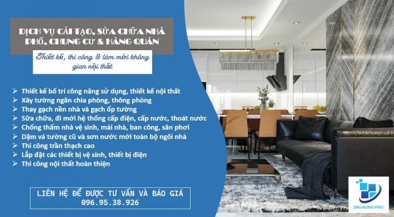Bảng giới thiệu dịch vụ sửa chữa, chống thấm và cải tạo nội thất nhà ở của Đại Hưng Phú với nội dung chi tiết và hình ảnh không gian phòng khách hiện đại.