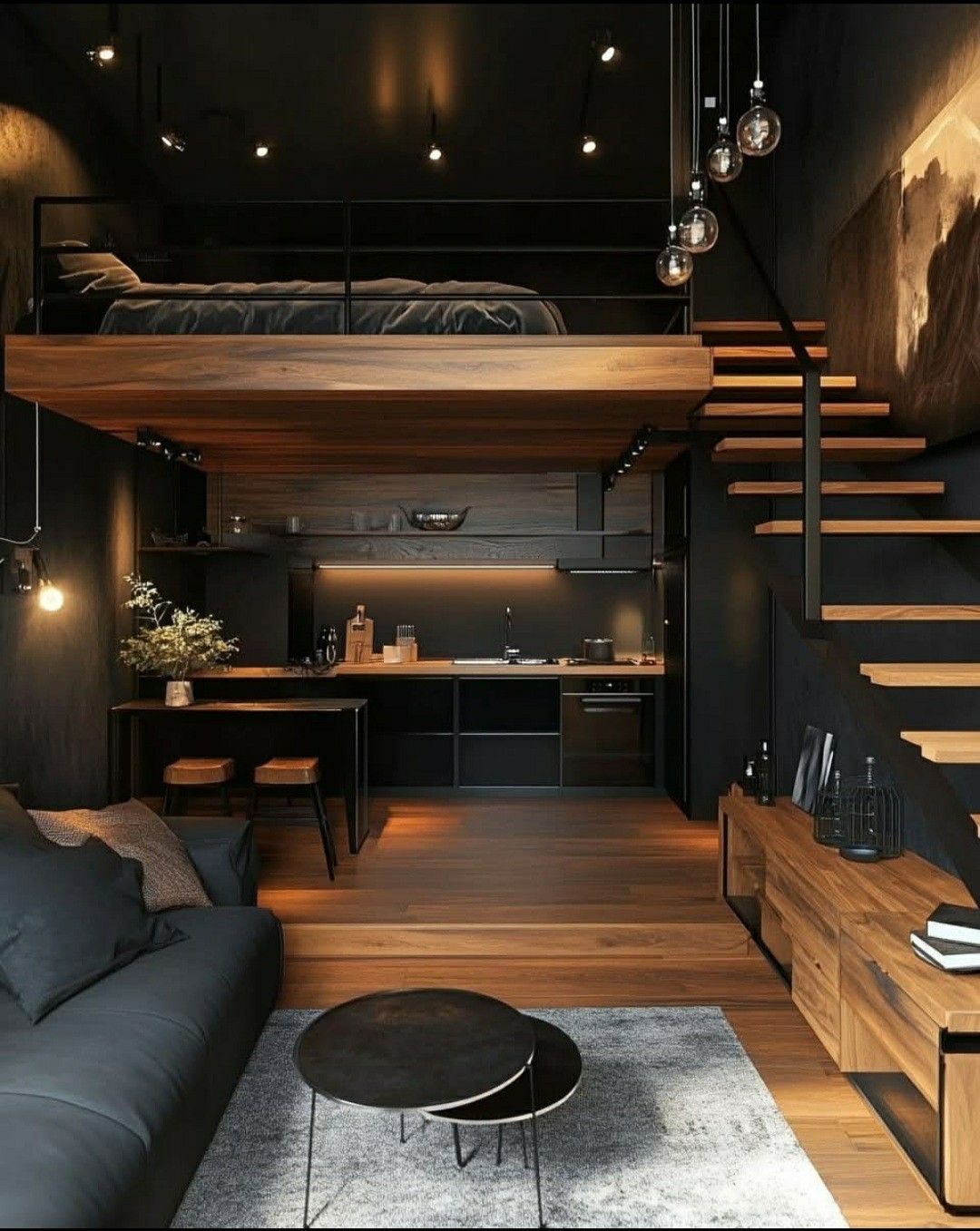Nội thất chung cư mini phong cách Industrial tone đen gỗ.