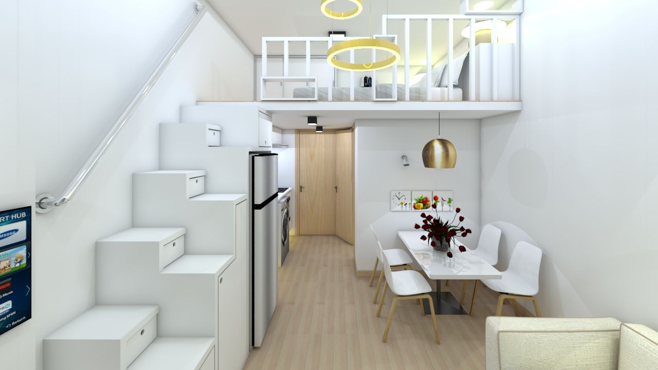 Thiết kế chung cư mini tone trắng tối ưu diện tích nhỏ.