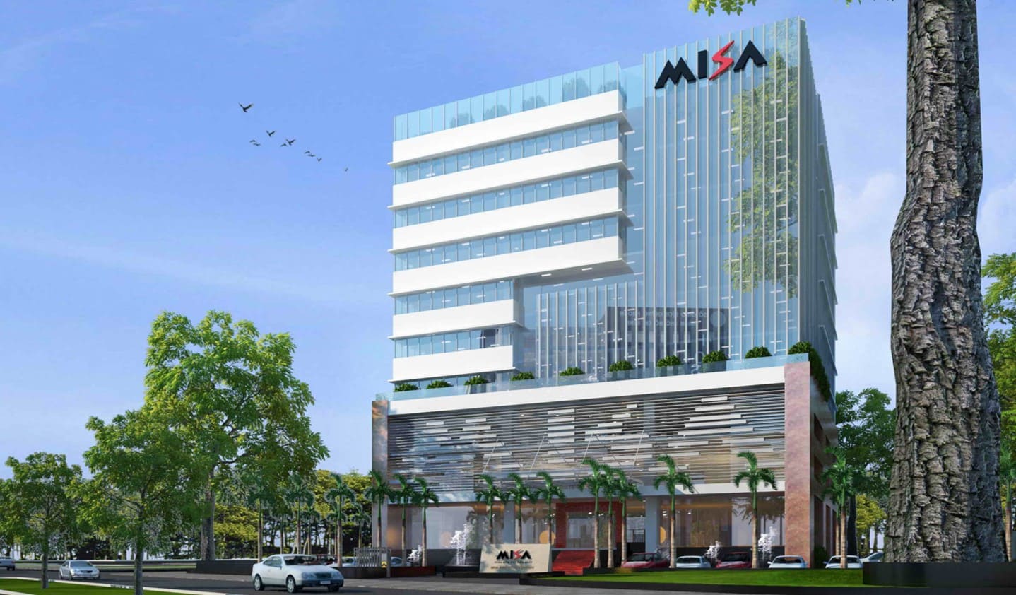 Trụ sở hiện đại của MISA – công ty công nghệ thông tin – viễn thông Việt Nam chuyên phát triển phần mềm kế toán và quản trị doanh nghiệp, với mặt tiền kính và không gian xanh mát.