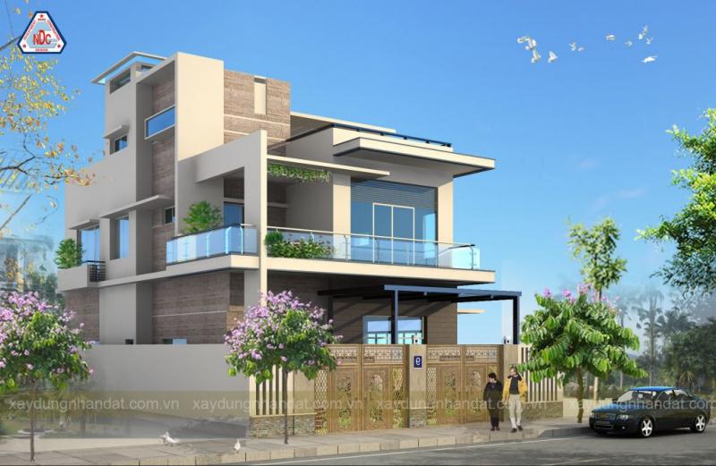 Mẫu nhà phố hiện đại được thiết kế bởi Công Ty Cải Tạo Nhà Nhân Đạt tại TP.HCM, nổi bật với ban công kính và kiến trúc ba tầng hiện đại.