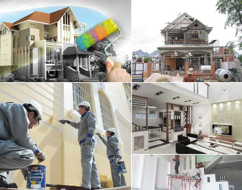 Kỹ sư và công nhân thi công cải tạo nhà phố, sơn sửa tường ngoài trời và nâng cấp nội thất bởi Công Ty Cải Tạo Nhà Thanh Thịnh tại TP.HCM.