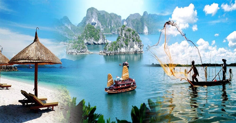 Ảnh ghép các điểm đến du lịch Việt Nam: bãi biển, vịnh Hạ Long, sông nước miền Tây với thuyền và người đánh cá – tượng trưng cho tour du lịch đa dạng được tổ chức bởi các công ty lữ hành uy tín tại TP.HCM.