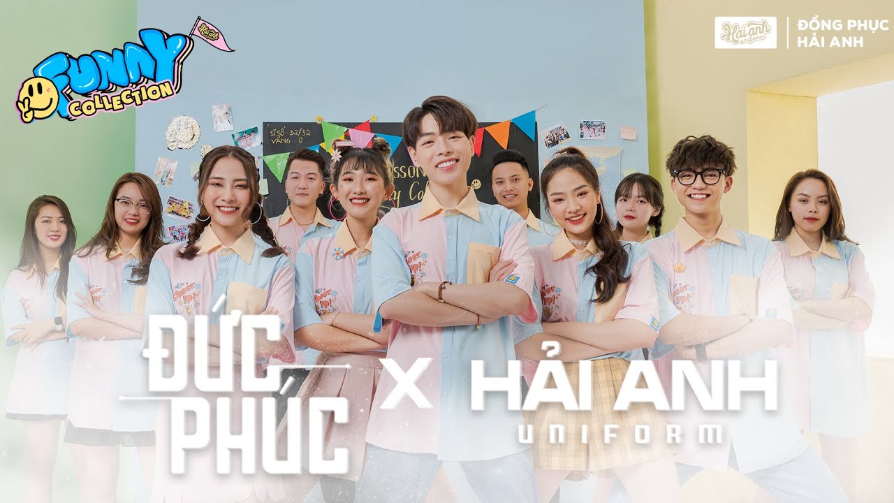 Nhóm học sinh mặc đồng phục lớp FUNAY phối màu hồng – xanh pastel của Hải Anh Uniform, do Đức Phúc đại diện hình ảnh, thiết kế trẻ trung – sáng tạo.