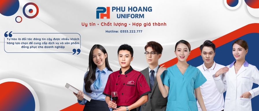 Banner Phú Hoàng Uniform với nhiều mẫu đồng phục ngành y, nhà hàng, công sở; slogan: Uy tín – Chất lượng – Hợp giá thành.