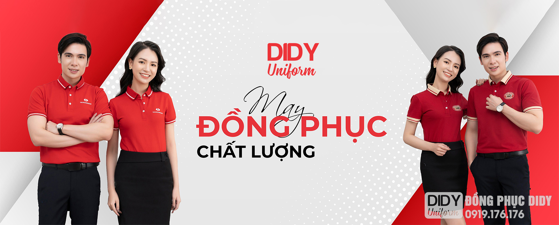 Mẫu đồng phục công sở màu đỏ từ DIDY Uniform, thiết kế cổ bẻ hiện đại, phù hợp cho doanh nghiệp – nhân viên nam nữ mặc cùng phong cách chuyên nghiệp.
