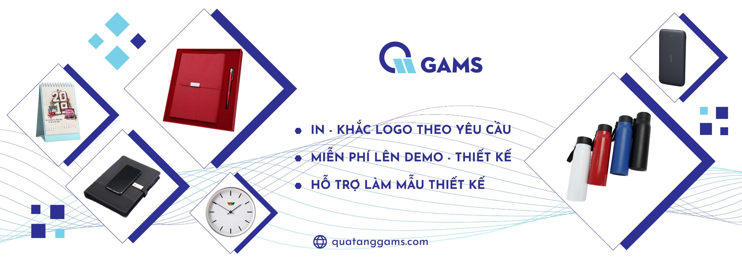 Sản phẩm quà tặng doanh nghiệp GAMS gồm bình giữ nhiệt, lịch để bàn, sổ tay, đồng hồ, pin dự phòng; kèm dịch vụ in khắc logo theo yêu cầu và thiết kế demo miễn phí.