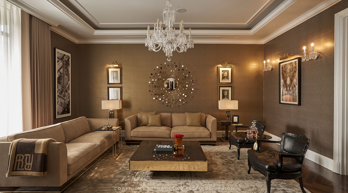 Phòng khách cổ điển châu Âu sang trọng được thiết kế bởi THÁI CÔNG INTERIOR với đèn chùm pha lê và nội thất cao cấp.