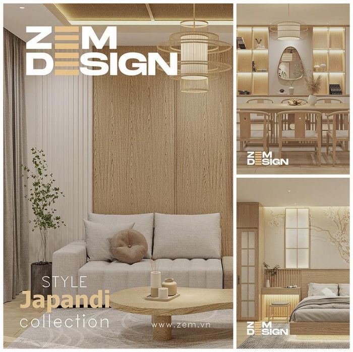 Không gian phòng khách, phòng ăn và phòng ngủ thiết kế theo phong cách Japandi bởi ZEM DESIGN, nổi bật với nội thất gỗ sáng màu và bố cục tinh tế.