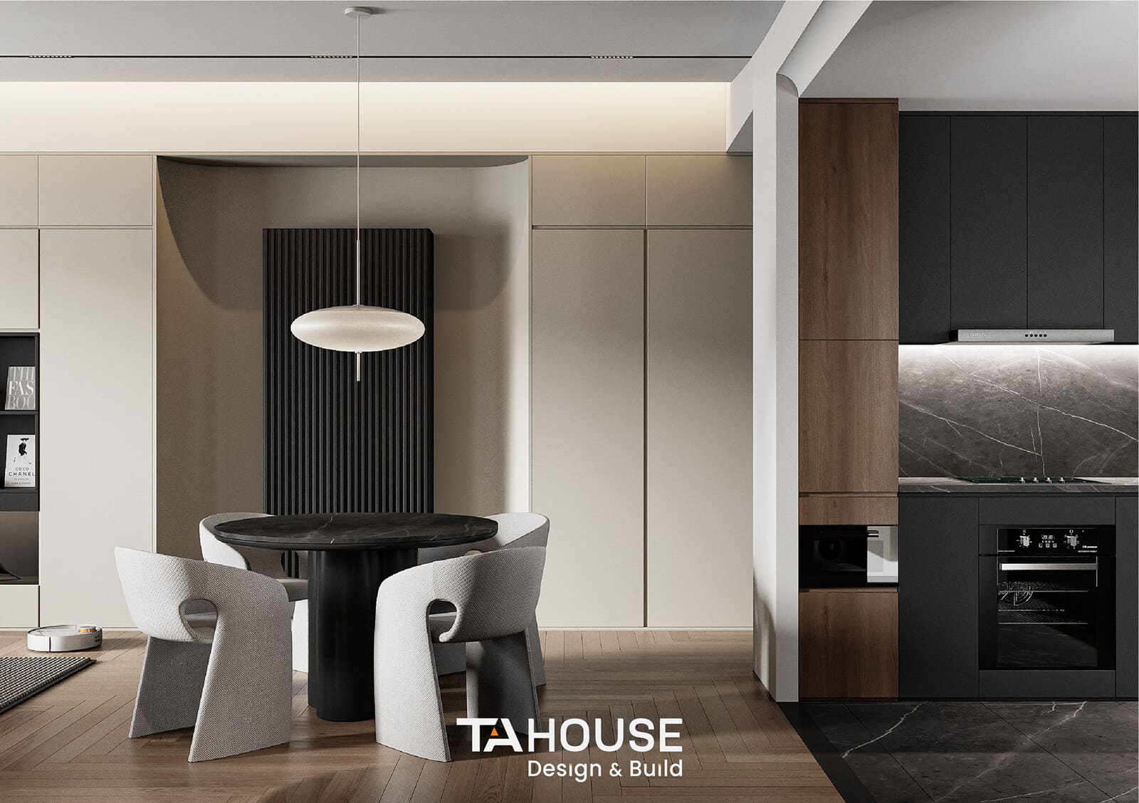 Không gian bếp và bàn ăn phong cách Nhật Bản hiện đại được thiết kế bởi TA HOUSE, với tông màu trung tính và nội thất tối giản tinh tế.