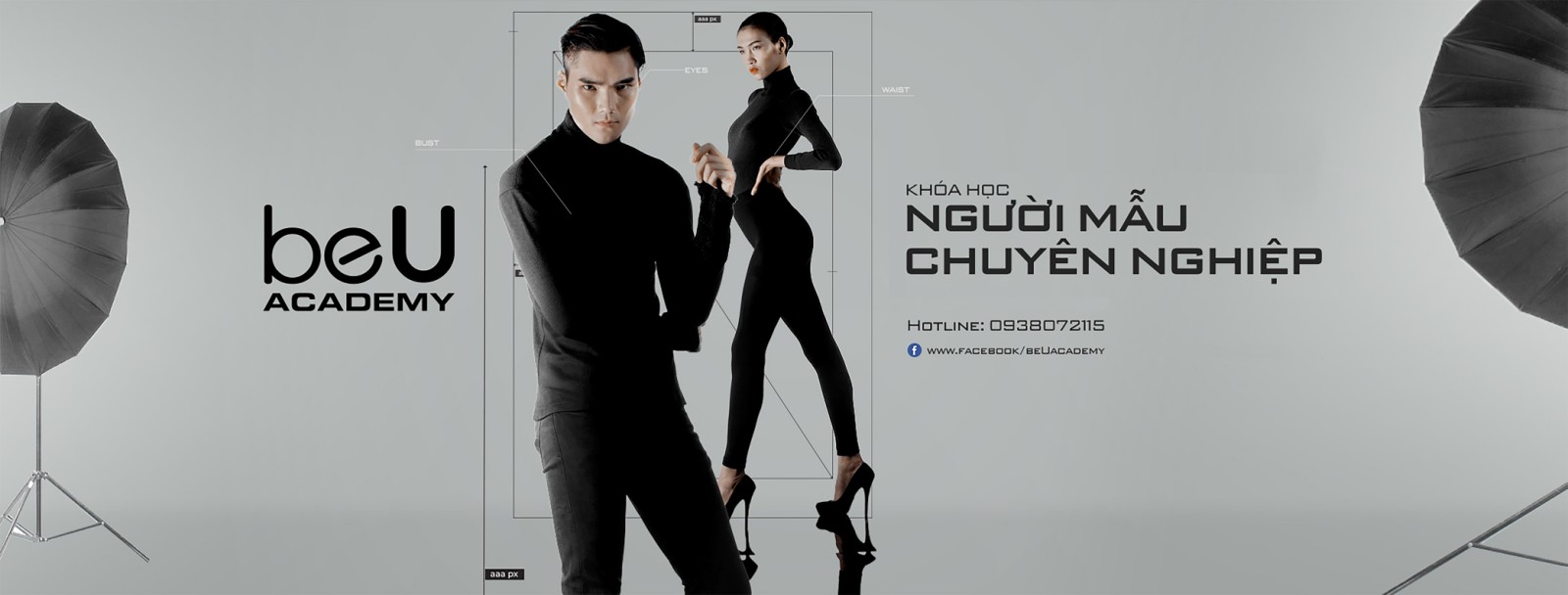 Banner BeU Academy với hai người mẫu mặc đồ đen, bố cục studio và chữ “Khóa học người mẫu chuyên nghiệp”.