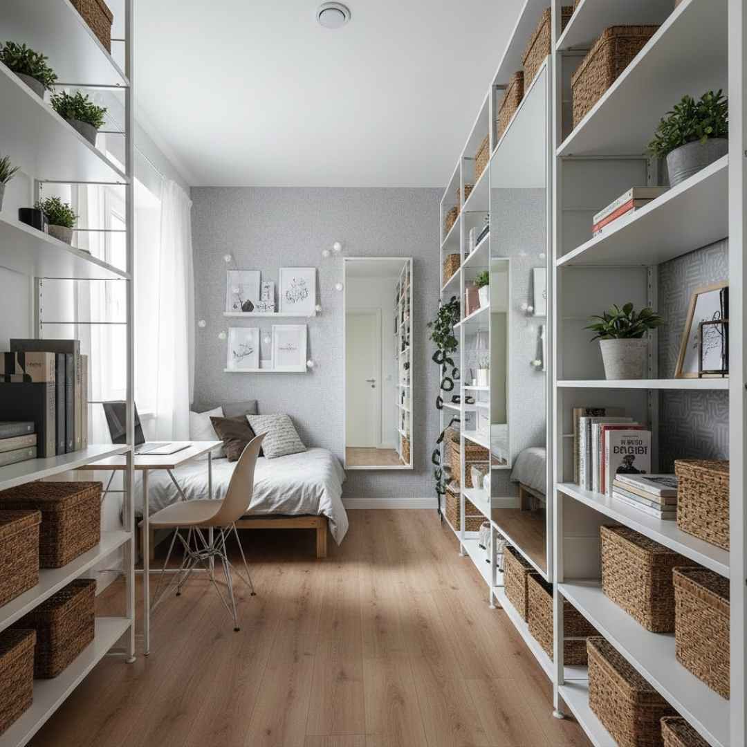 Decor phòng trọ nhỏ kiểu tối giản với kệ kịch trần