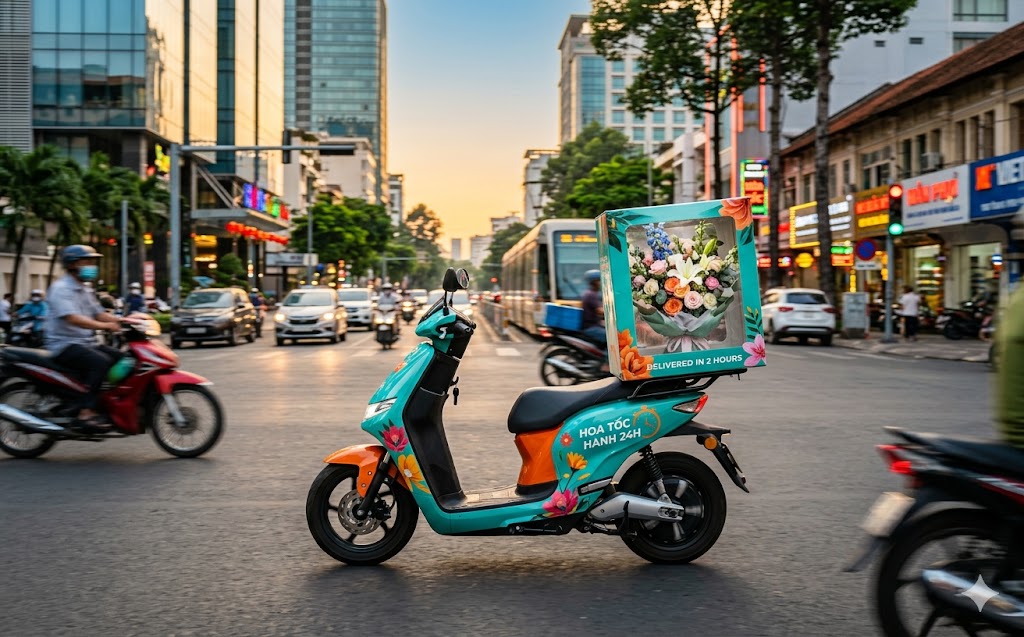 Xe máy dịch vụ giao hoa nhanh trong ngày trên phố.