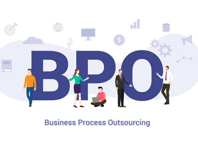 Minh họa dịch vụ số hóa BPO.MP với nhân sự và biểu tượng công nghệ xung quanh cụm từ “BPO” – Business Process Outsourcing.

