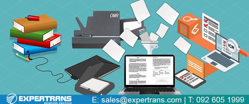 Minh họa dịch vụ số hóa tài liệu từ giấy sang file kỹ thuật số, kèm xử lý OCR của Expertrans Global.
