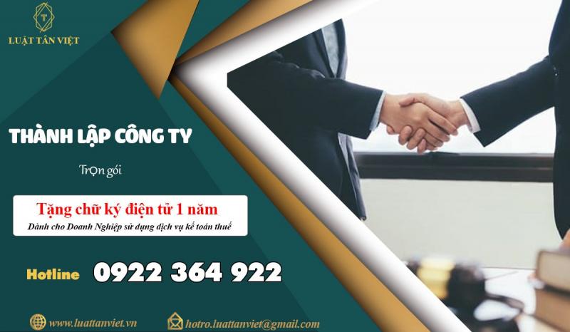 Banner Luật Tân Việt: logo cán cân, tiêu đề “Thành lập công ty trọn gói”, ưu đãi tặng chữ ký điện tử, ảnh bắt tay doanh nhân.
