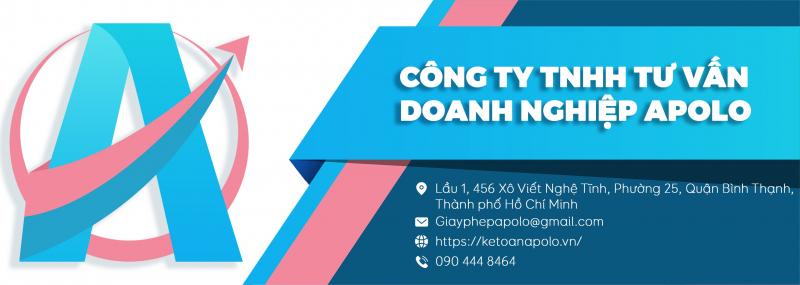 Banner Apolo: logo chữ A xanh–hồng, dòng “Công ty TNHH Tư Vấn Doanh Nghiệp Apolo”, dịch vụ thành lập công ty.