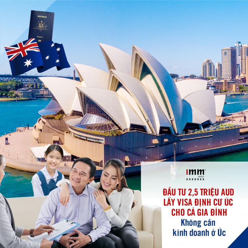 “Gia đình ngồi tư vấn với chuyên gia IMM Group trước nền Nhà hát Opera Sydney, kèm logo IMM và thông tin ‘Đầu tư 2,5 triệu AUD lấy visa tư vấn định cư Úc cho cả gia đình’.”
