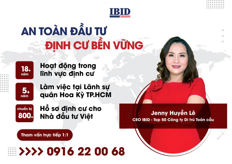 “Banner IBID nền trắng-xám với logo IBID, tiêu đề ‘An toàn đầu tư – Định cư bền vững’, hình CEO Jenny Huyền Lê bên phải, các chỉ số 18+ năm, 5+ năm, 800+ hồ sơ xuất hiện bên trái.”