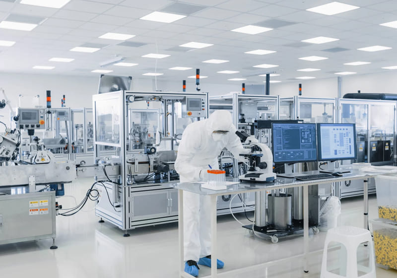 Nhân viên trong phòng thí nghiệm của doanh nghiệp dược phẩm tại TP.HCM đang kiểm tra chất lượng thuốc bằng kính hiển vi.