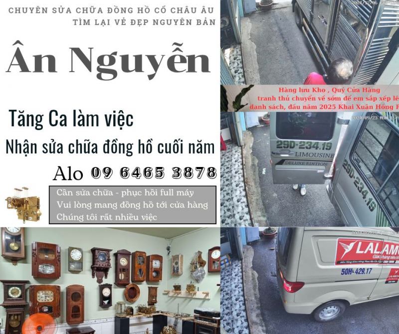 Chú Ân đang sửa chữa đồng hồ quả lắc cổ tại tiệm Ân Nguyễn, sử dụng phương pháp thủ công chính xác, phục hồi linh kiện hiếm từ thế kỷ 18–19.