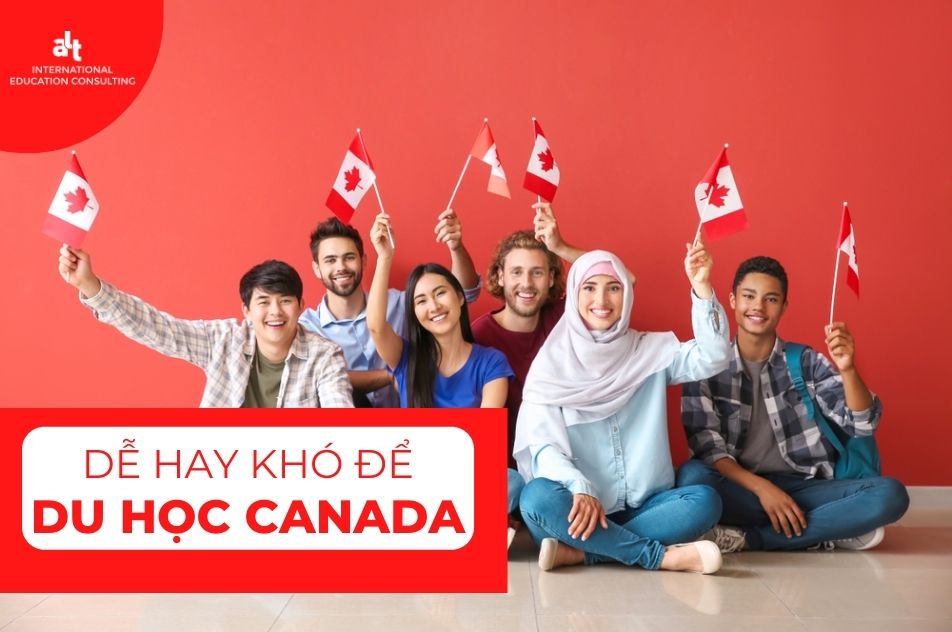 Nhóm sinh viên quốc tế ngồi trước nền đỏ, cầm cờ Canada và cười tươi – biểu trưng cho hành trình du học đầy cảm hứng tại Canada.