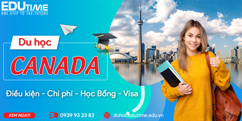 Nữ sinh cầm sách và balo, đứng trước phông nền thành phố Toronto và dòng chữ “Du học Canada – Điều kiện, Chi phí, Học bổng, Visa” từ Edutime.