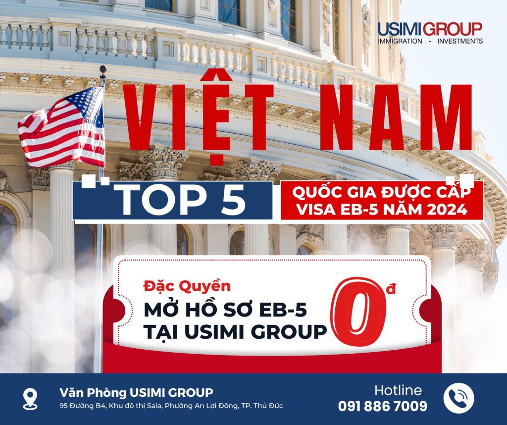 Poster quảng bá của USIMI GROUP về chương trình định cư Mỹ EB-5, nhấn mạnh Việt Nam nằm trong top 5 quốc gia được cấp visa và hỗ trợ mở hồ sơ 0 đồng, tu vấn định cư Mỹ.