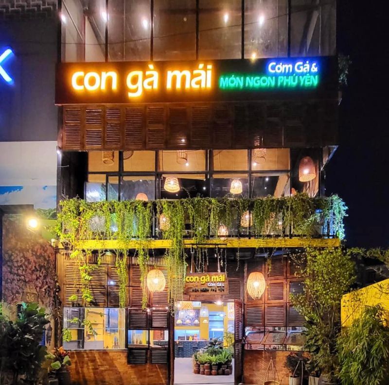 Mâm gà luộc kiểu miền Trung tại Con Gà Mái, gồm gà ta luộc, cơm gà dẻo, rau sống, mắm gừng, bày mẹt tre lót lá chuối truyền thống.

