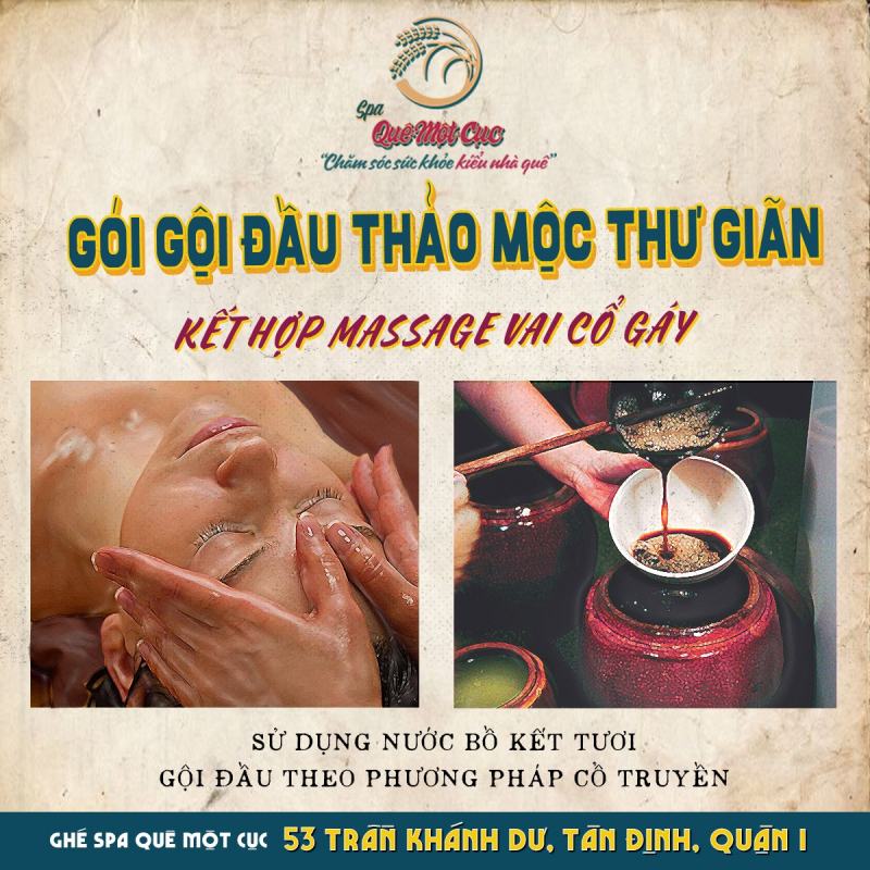 Liệu trình gội đầu tại Spa Quê Một Cục với nguyên liệu thảo mộc thiên nhiên, không gian tường gạch, bàn tre, phong cách đồng quê truyền thống.