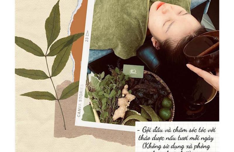 Không gian tại Cỏ Thơm Spa với liệu trình gội dưỡng sinh sử dụng lá sả, hương nhu, trà xanh tự trồng, kèm massage nhẹ và đắp mặt nạ trà xanh.