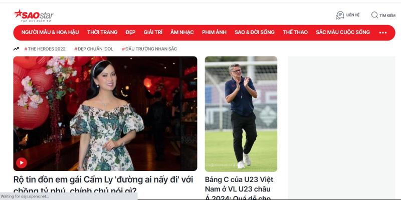 Giao diện Saostar.vn, website thông tin giải trí nổi bật với tin tức thảm đỏ và concert.