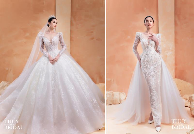 Cô dâu diện váy ren mềm mại tại Thuy Bridal, dịch vụ thuê váy cưới lãng mạn, tinh tế và giàu cảm xúc.