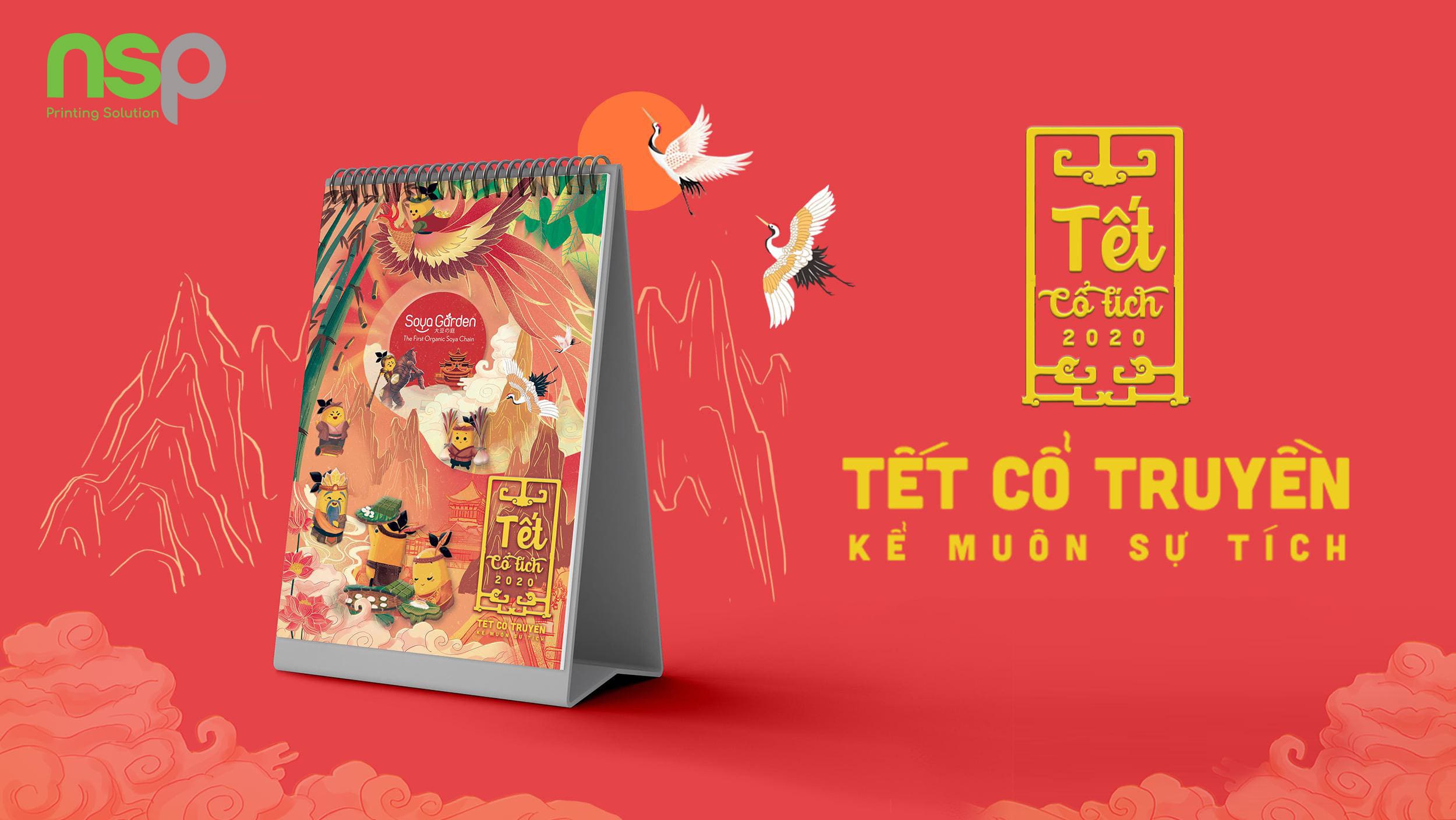 Cuốn lịch bàn Tết Cổ Tích 2020 trên nền đỏ, họa tiết dân gian, logo NSP Printing Solution.
