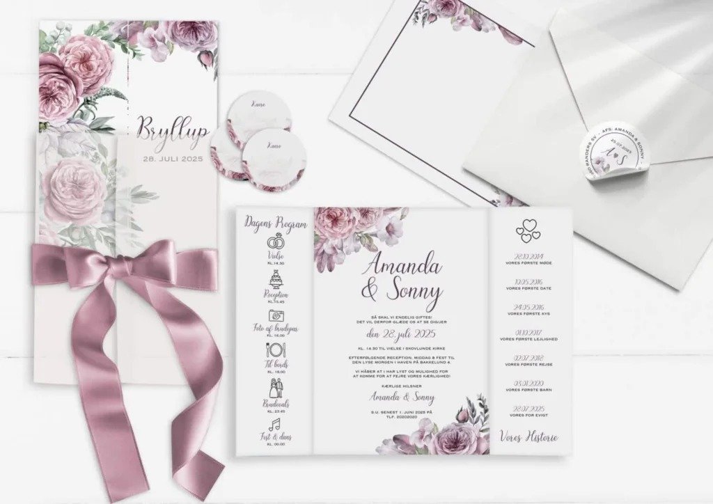 In thiệp cưới theo yêu cầu mẫu hoa hồng tím sang trọng.