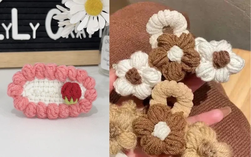 Mẫu kẹp tóc hottrend len handmade hình hoa dâu tây