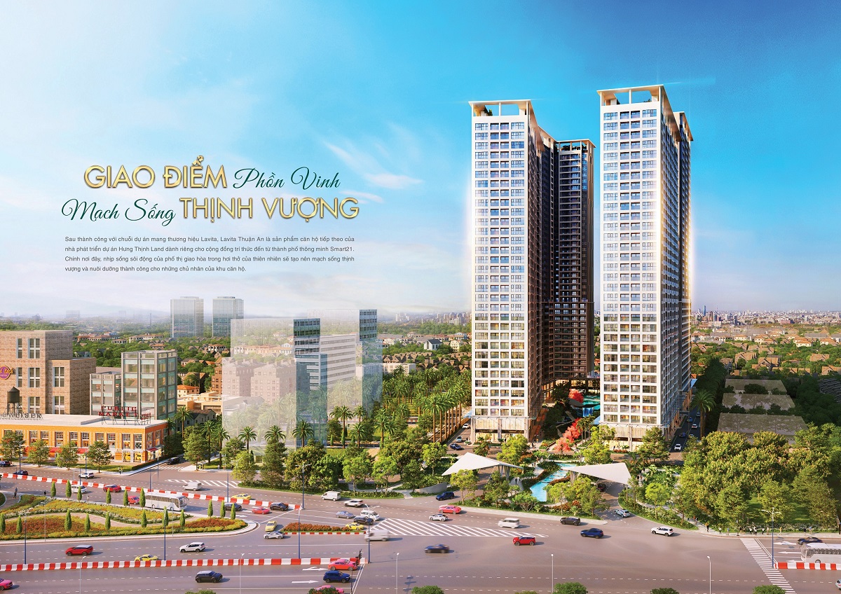 Phối cảnh dự án căn hộ cao cấp của Hưng Thịnh Land với hai tòa nhà cao tầng, đường giao thông hiện đại và không gian cây xanh đô thị.