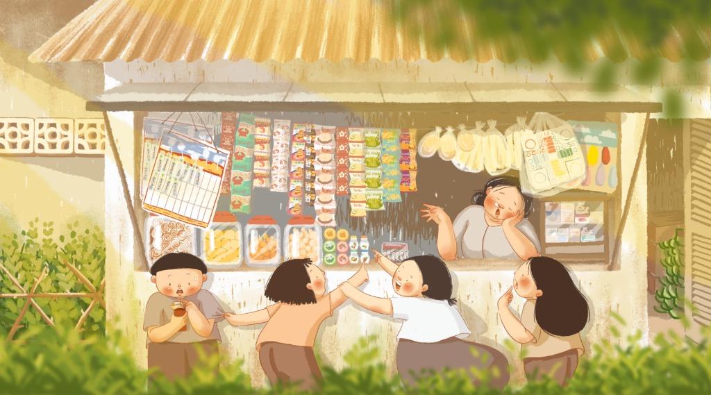 Tranh vẽ các món ăn vặt tuổi thơ tại cổng trường