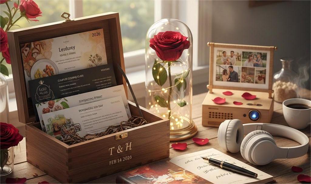 Hộp quà valentine cá nhân hóa với các thẻ trải nghiệm cho cặp đôi.