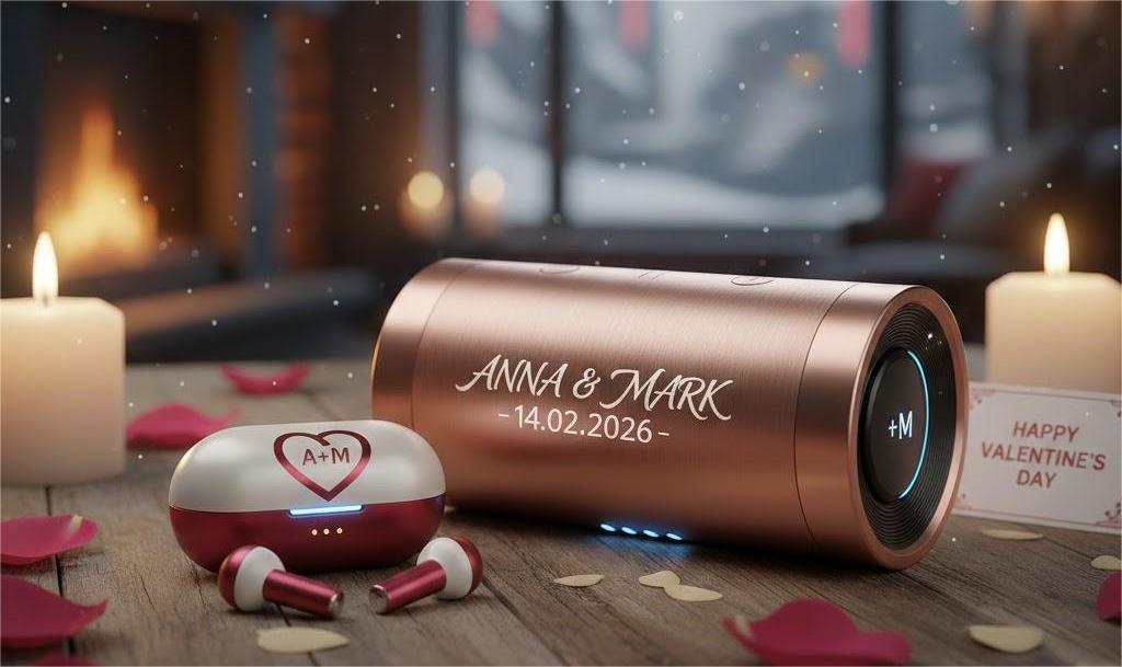 Loa và tai nghe khắc tên làm quà valentine công nghệ hiện đại.