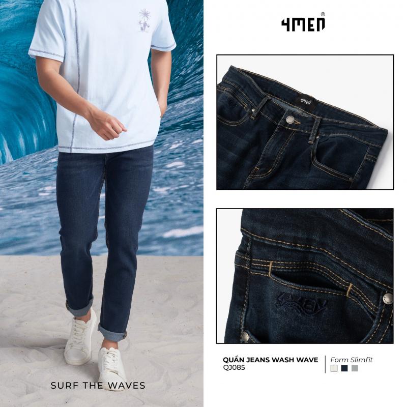 Hình ảnh quần jeans nam tại 4Men với nhiều kiểu dáng như slim fit, straight fit, baggy, chất liệu denim mềm mại co giãn, phù hợp cho nhiều phong cách khác nhau.