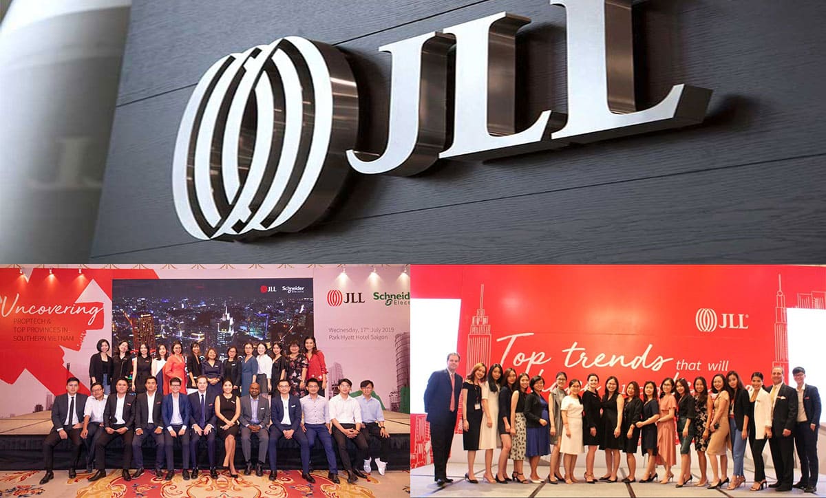 Logo JLL cùng hình ảnh các sự kiện chuyên nghiệp tại Việt Nam – thể hiện vai trò của JLL trong quản lý bất động sản quốc tế.